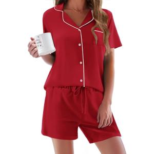 imageEkouaer Pajamas Set for Women Short Sleeve Sleepwear Button Down Pjs Soft 2 Piece Lounge SetsRed