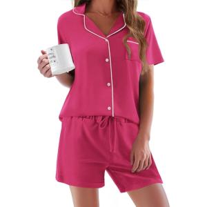 imageEkouaer Pajamas Set for Women Short Sleeve Sleepwear Button Down Pjs Soft 2 Piece Lounge SetsRose Red