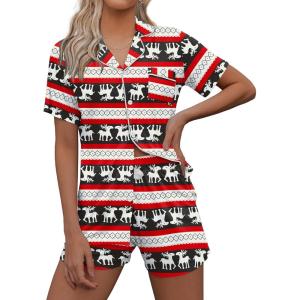 imageEkouaer Pajamas Set for Women Short Sleeve Sleepwear Button Down Pjs Soft 2 Piece Lounge SetsStriped Christmas Deer