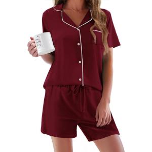 imageEkouaer Pajamas Set for Women Short Sleeve Sleepwear Button Down Pjs Soft 2 Piece Lounge SetsWine Red