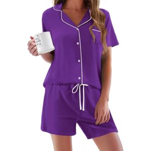 imageEkouaer Pajamas Set for Women Short Sleeve Sleepwear Button Down Pjs Soft 2 Piece Lounge SetsWineberry