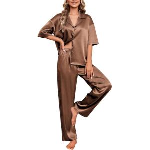imageEkouaer Silk Satin Pajamas Set Women Short Sleeve Pj Sets Button Down Sleepwear 2 Piece Soft Loungewear SXXLBrown