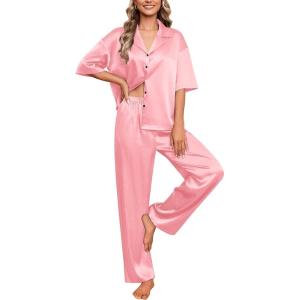 imageEkouaer Silk Satin Pajamas Set Women Short Sleeve Pj Sets Button Down Sleepwear 2 Piece Soft Loungewear SXXLLight Pink