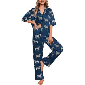 imageEkouaer Silk Satin Pajamas Set Women Short Sleeve Pj Sets Button Down Sleepwear 2 Piece Soft Loungewear SXXLNavy Zebra