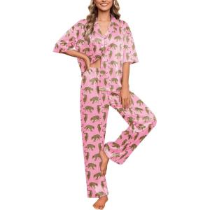 imageEkouaer Silk Satin Pajamas Set Women Short Sleeve Pj Sets Button Down Sleepwear 2 Piece Soft Loungewear SXXLPink Cheetah