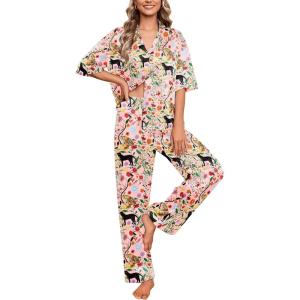 imageEkouaer Silk Satin Pajamas Set Women Short Sleeve Pj Sets Button Down Sleepwear 2 Piece Soft Loungewear SXXLPink Tiger