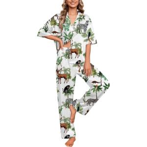 imageEkouaer Silk Satin Pajamas Set Women Short Sleeve Pj Sets Button Down Sleepwear 2 Piece Soft Loungewear SXXLWhite Animal