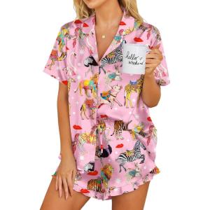 imageEkouaer Womens Satin Pajamas Set Button Down 2 Piece Silk Pjs Shorts Set Ruffle Lingerie Notch Collar SleepwearAnimal Art