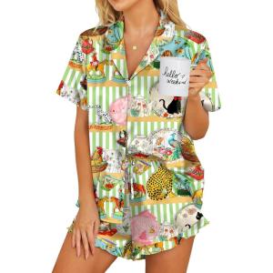 imageEkouaer Womens Satin Pajamas Set Button Down 2 Piece Silk Pjs Shorts Set Ruffle Lingerie Notch Collar SleepwearAnimal Flower Art