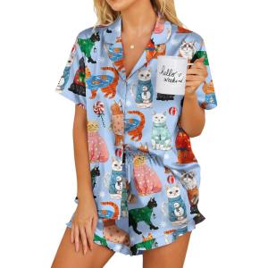 imageEkouaer Womens Satin Pajamas Set Button Down 2 Piece Silk Pjs Shorts Set Ruffle Lingerie Notch Collar SleepwearCat Collection