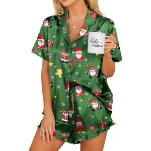 imageEkouaer Womens Satin Pajamas Set Button Down 2 Piece Silk Pjs Shorts Set Ruffle Lingerie Notch Collar SleepwearChristmas Green