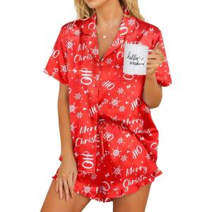 imageEkouaer Womens Satin Pajamas Set Button Down 2 Piece Silk Pjs Shorts Set Ruffle Lingerie Notch Collar SleepwearChristmas Red