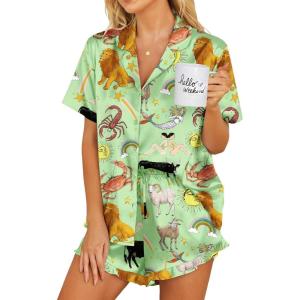 imageEkouaer Womens Satin Pajamas Set Button Down 2 Piece Silk Pjs Shorts Set Ruffle Lingerie Notch Collar SleepwearGreen Constellation