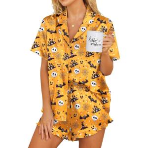 imageEkouaer Womens Satin Pajamas Set Button Down 2 Piece Silk Pjs Shorts Set Ruffle Lingerie Notch Collar SleepwearHalloween