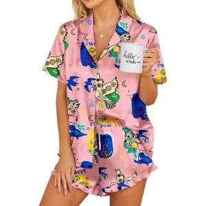 imageEkouaer Womens Satin Pajamas Set Button Down 2 Piece Silk Pjs Shorts Set Ruffle Lingerie Notch Collar SleepwearQueen Picasso Pink