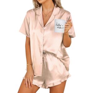 imageEkouaer Womens Satin Pajamas Set Button Down 2 Piece Silk Pjs Shorts Set Ruffle Lingerie Notch Collar SleepwearStriped Champagne