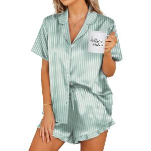 imageEkouaer Womens Satin Pajamas Set Button Down 2 Piece Silk Pjs Shorts Set Ruffle Lingerie Notch Collar SleepwearStriped Green
