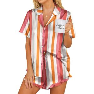 imageEkouaer Womens Satin Pajamas Set Button Down 2 Piece Silk Pjs Shorts Set Ruffle Lingerie Notch Collar SleepwearStriped Multicolored