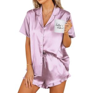 imageEkouaer Womens Satin Pajamas Set Button Down 2 Piece Silk Pjs Shorts Set Ruffle Lingerie Notch Collar SleepwearStriped Purple