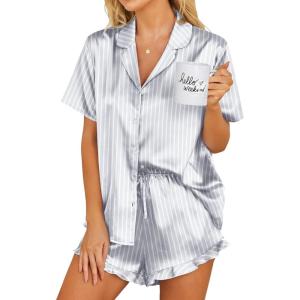 imageEkouaer Womens Satin Pajamas Set Button Down 2 Piece Silk Pjs Shorts Set Ruffle Lingerie Notch Collar SleepwearStriped Silver
