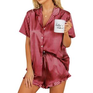 imageEkouaer Womens Satin Pajamas Set Button Down 2 Piece Silk Pjs Shorts Set Ruffle Lingerie Notch Collar SleepwearStriped Wine Red