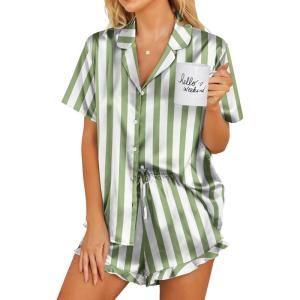 imageEkouaer Womens Satin Pajamas Set Button Down 2 Piece Silk Pjs Shorts Set Ruffle Lingerie Notch Collar SleepwearThick Striped Green