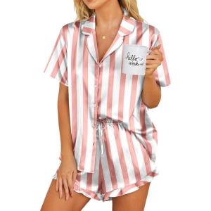 imageEkouaer Womens Satin Pajamas Set Button Down 2 Piece Silk Pjs Shorts Set Ruffle Lingerie Notch Collar SleepwearThick Striped Pink