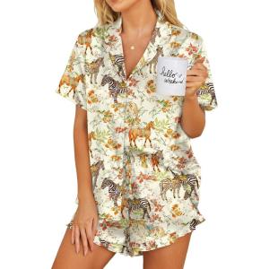 imageEkouaer Womens Satin Pajamas Set Button Down 2 Piece Silk Pjs Shorts Set Ruffle Lingerie Notch Collar SleepwearZebra Collection