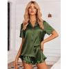 imageEkouaer Womens Silk Pajamas Set Button Down 2 Piece Satin Pjs Shorts Set Ruffle Notch Collar SleepwearArmy Green