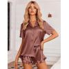 imageEkouaer Womens Silk Pajamas Set Button Down 2 Piece Satin Pjs Shorts Set Ruffle Notch Collar SleepwearBrown