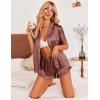 imageEkouaer Womens Silk Pajamas Set Button Down 2 Piece Satin Pjs Shorts Set Ruffle Notch Collar SleepwearBrown