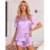 imageEkouaer Womens Silk Pajamas Set Button Down 2 Piece Satin Pjs Shorts Set Ruffle Notch Collar SleepwearLavender
