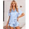 imageEkouaer Womens Silk Pajamas Set Button Down 2 Piece Satin Pjs Shorts Set Ruffle Notch Collar SleepwearLight Blue