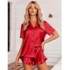 imageEkouaer Womens Silk Pajamas Set Button Down 2 Piece Satin Pjs Shorts Set Ruffle Notch Collar SleepwearRed