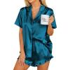 imageEkouaer Womens Silk Pajamas Set Button Down 2 Piece Satin Pjs Shorts Set Ruffle Notch Collar SleepwearDark Green