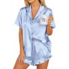 imageEkouaer Womens Silk Pajamas Set Button Down 2 Piece Satin Pjs Shorts Set Ruffle Notch Collar SleepwearLight Blue