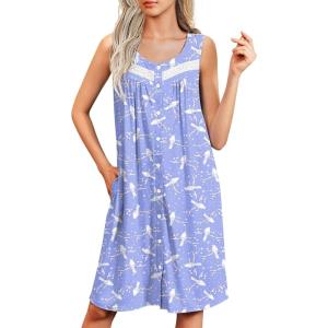 imageEkouaer Nightgowns for Women Button Up Sleepshirt Tank Sleeveless Nightshirt Soft Sleepwear with Pockets SXXXLBlue White Bird