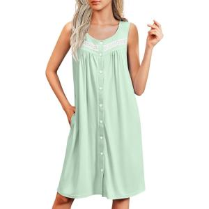 imageEkouaer Nightgowns for Women Button Up Sleepshirt Tank Sleeveless Nightshirt Soft Sleepwear with Pockets SXXXLLight Green