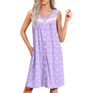 imageEkouaer Nightgowns for Women Button Up Sleepshirt Tank Sleeveless Nightshirt Soft Sleepwear with Pockets SXXXLLight Purple Floral