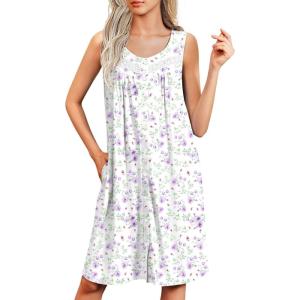 imageEkouaer Nightgowns for Women Button Up Sleepshirt Tank Sleeveless Nightshirt Soft Sleepwear with Pockets SXXXLPurple  White Floral