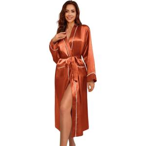 imageEkouaer Satin Robes for Women Long Sleeve Silk Bathrobe Soft Lightweight Full Length Sleepwear Bridesmaid Wedding Party RobesBrown