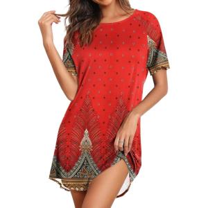 imageEkouaer Sleep Shirts for Women Short Sleeve Night Shirts for Sleeping Pullover Nightgown Soft Nightdress SXXXLRed Boho Print