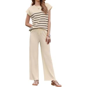 imageEkouaer Striped Lounge Set 2 Piece Sweater Matching Outfits Travel Knit Clothing Sets for WomenBeige