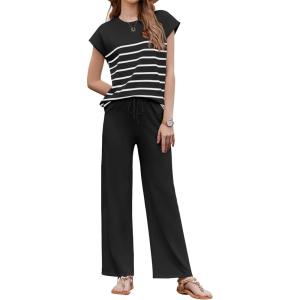 imageEkouaer Striped Lounge Set 2 Piece Sweater Matching Outfits Travel Knit Clothing Sets for WomenBlack