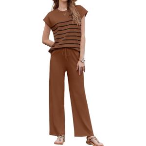 imageEkouaer Striped Lounge Set 2 Piece Sweater Matching Outfits Travel Knit Clothing Sets for WomenBrown