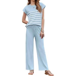 imageEkouaer Striped Lounge Set 2 Piece Sweater Matching Outfits Travel Knit Clothing Sets for WomenClear Blue