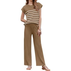 imageEkouaer Striped Lounge Set 2 Piece Sweater Matching Outfits Travel Knit Clothing Sets for WomenCoffee
