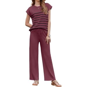 imageEkouaer Striped Lounge Set 2 Piece Sweater Matching Outfits Travel Knit Clothing Sets for WomenDark Red