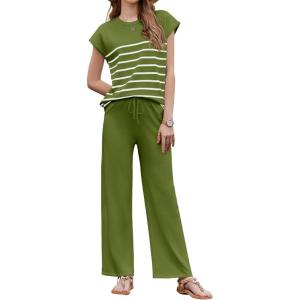 imageEkouaer Striped Lounge Set 2 Piece Sweater Matching Outfits Travel Knit Clothing Sets for WomenGreen