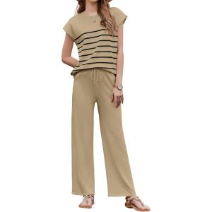 imageEkouaer Striped Lounge Set 2 Piece Sweater Matching Outfits Travel Knit Clothing Sets for WomenKhaki